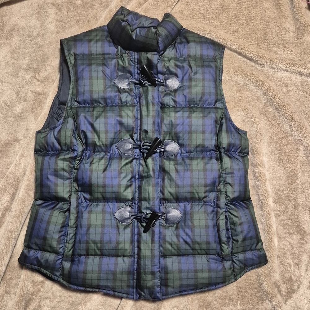 Brooks Brothers Womens Navy Blue Quilted Down Puffer Vest Black Watch Plaid L